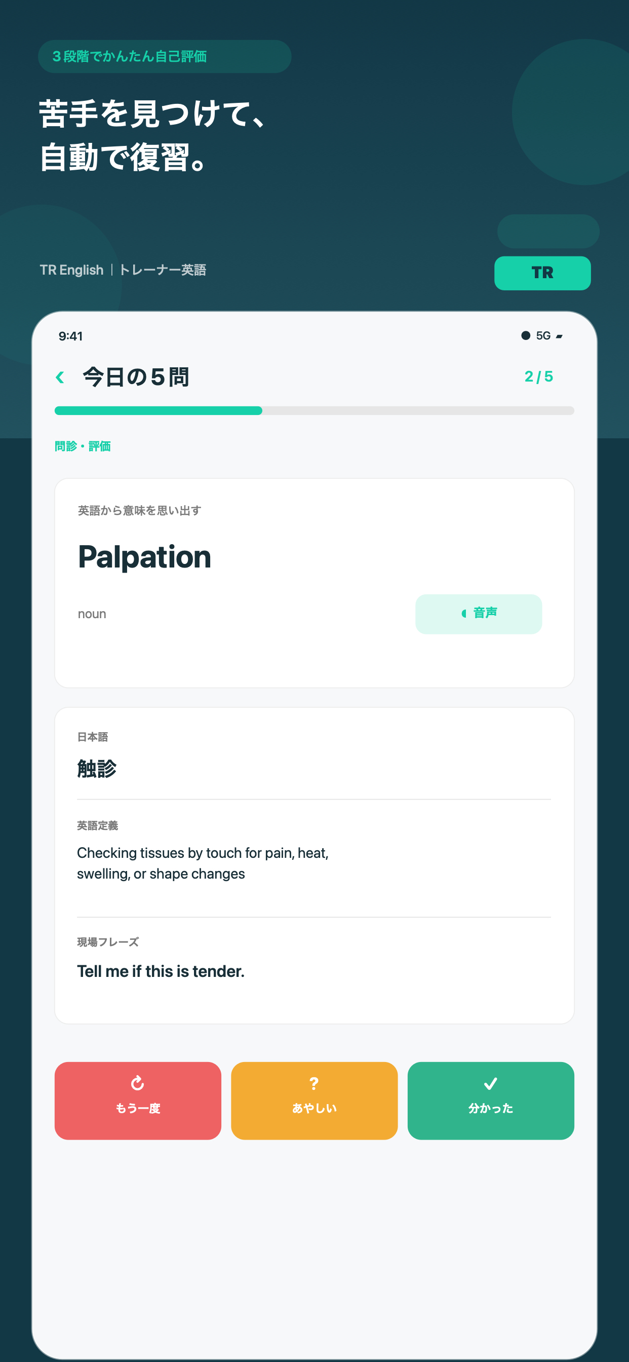 単語カードを3段階で自己評価する画面